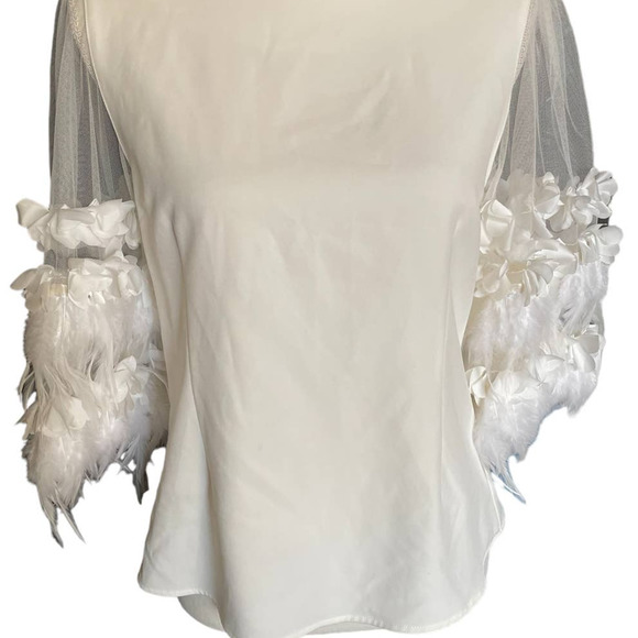 Why Dress Womens Bird Leaf Sleeve Mesh Top Blouse Crew Neck Size L White - Picture 9 of 9